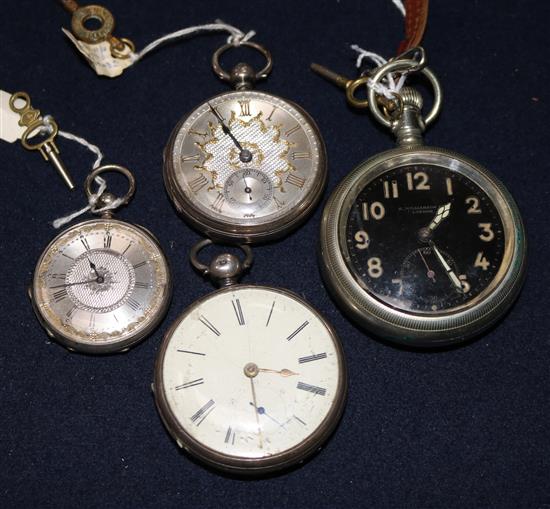 Two Victorian silver open face pocket watches, a Swiss fob watch and a plated pocket watch.